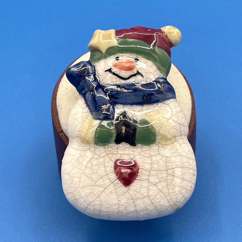 Vintage GANZ Ceramic Crackle Snowman Brooch Pin Christmas Holiday Star Heart 90s